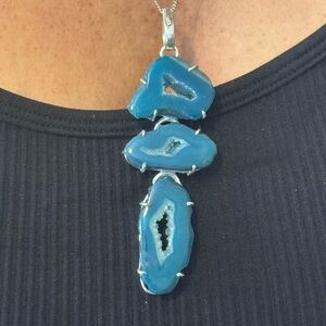 Long Agate Geode Slice. 925 Silver Plated. Handmade Pendant 3.3"